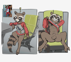 animal_genitalia anthro balls bottomless bottomless_male brown_body brown_fur butt chair clothed clothing clothing_lift exclamation_point fur furniture genitals male on_chair pajamas paws penis penis_tip sheath shirt shirt_lift sitting sitting_on_chair smile solo tail topwear mindkog guardians_of_the_galaxy marvel rocket_raccoon mammal procyonid raccoon hi_res