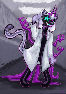 ambiguous_gender antennae_(anatomy) anthro clothing coat dripping fur grey_body grey_fur lab_coat laboratory latex latex_clothing mask solo tentacles topwear wearing_mask mossky felid mammal pantherine snow_leopard aliasing digital_media_(artwork)