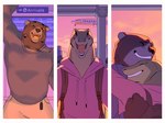 anthro biped clothing duo grey_clothing grey_shirt grey_topwear happy hoodie hug male muscular muscular_anthro muscular_male pink_clothing pink_hoodie pink_topwear shirt topwear novumave alligator alligatorid bear crocodilian mammal reptile scalie 2024 comic hi_res