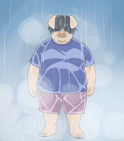 anthro bottomwear clothing hair hair_over_eyes humanoid_hands kemono male overweight overweight_male raining shirt shorts solo topwear inunoshippo domestic_pig mammal suid suine sus_(pig) 2023 hi_res