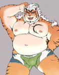 2020 anthro aretna belly blush clothing felid fur hair hi_res hombre_tigre_(tas) humanoid_hands kemono lifewonders male mammal moobs navel nipples orange_body orange_fur overweight overweight_anthro overweight_male pantherine simple_background solo tan_body tan_fur tiger tokyo_afterschool_summoners torn_clothing weight_gain white_hair