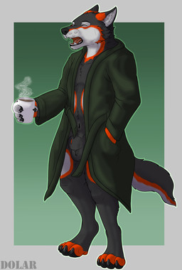 animal_genitalia anthro balls bath bathrobe beverage clothing coffee fully_sheathed genitals male paws robe sheath solo dolar stihl canid canine canis mammal wolf absurd_res hi_res