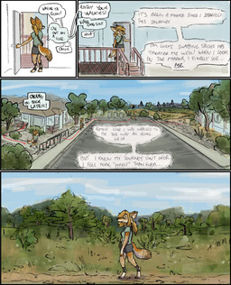 animal_hrt anthro clothing dialogue digitigrade directional_arrow feet female footwear mailbox paws plant purse road socks solo stirrup_socks text toes tree vanillayote rain_(vanillayote) canid canine canis coyote mammal comic english_text hi_res trans_(lore) trans_woman_(lore)