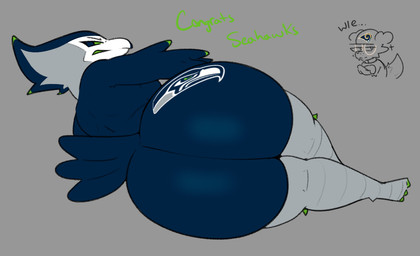 angry anthro bent_over big_butt butt butt_focus eyewear glasses looking_at_viewer looking_back lying mascot on_side rear_view solo thick_thighs wide_hips 25circle nfl seattle_seahawks blitz_the_seahawk seahawk