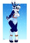 anthro antlers bell bell_harness blue_body blue_fur blush border breasts clean_diaper clothed clothing diaper female fur green_eyes hair harness hooves horn jingle_bell jingle_bell_harness looking_at_viewer nipple_piercing nipples piercing scut_tail short_tail snow snowing solo standing tail wearing_diaper white_body white_border white_fur white_hair strawberryneko taki_(takikuroi) deer mammal new_world_deer reindeer hi_res