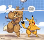 2024 3_toes 4_fingers anthro areola areola_slip ball beach big_breasts bikini black_nose blush breasts brown_areola brown_body brown_fur brown_nipples clothed clothing cloud cosplay_pikachu_(character) dialogue dipstick_ears dipstick_tail duo ear_markings eevee emanata english_text eve_(joaoppereiraus) eyebrows eyelashes feet female fingers fur generation_1_pokemon hi_res huge_breasts joaoppereiraus kanna_(joaoppereiraus) laugh markings multicolored_ears neck_tuft net nintendo nipple_outline nipple_slip nipples one_eye_closed open_mouth pattern_bikini pattern_clothing pattern_swimwear pikachu pivoted_ears pokemon pokemon_(species) short_stack sky speech_bubble striped_bikini striped_clothing striped_swimwear stripes swimwear tail tail_markings text thick_thighs toes tuft volleyball_(ball) volleyball_net wardrobe_malfunction yellow_body yellow_fur