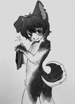 adolescent anthro blush blush_lines bodily_fluids butt flying_sweatdrops fur hair holding_object kemono looking_at_viewer male male_anthro nude short_hair solo sweat sweatdrop tail young young_anthro young_male acorn_furry canid canine canis domestic_dog mammal 2024 digital_media_(artwork) hi_res monochrome