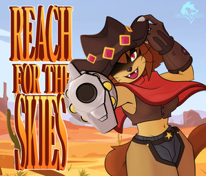 aiming_at_viewer aiming_weapon anthro armor belt big_gloves bottomwear brown_body brown_fur brown_hair cactus chaps clawed_glove claws clothed clothing cowboy cowboy_hat cowboy_outfit denim denim_bottomwear denim_clothing desert dialogue fangs female fur gauntlets gloves grass gun gun_arm hair handgun handwear hat headgear headwear jeans leaning magenta_eyes obscured_face pants pistol plant poncho ranged_weapon revolver shadow_face short_hair smile solo teeth text tipping_hat tongue topwear vest weapon weapon_arm whiskers yellow_sclera conditional_dnp grinn3r gameoverse glitch_productions kit_bodega domestic_cat felid feline felis mammal 2026 absurd_res hi_res