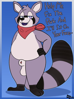 animal_genitalia anthro balls bedroom_eyes belly big_belly dialogue genitals hands_on_hips kerchief looking_at_viewer male narrowed_eyes neckerchief neckwear seductive sheath slightly_chubby snaggle_tooth solo standing thick_thighs wide_hips december_dreams indigo_park rambley_raccoon mammal procyonid raccoon 3:4 hi_res