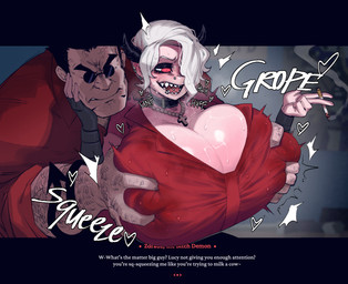 arm_hair big_breasts black_hair bodily_fluids body_hair breast_grab breasts cigarette cleavage clothed clothing duo erect_nipples eyewear facial_piercing female fully_clothed glasses grope groping_from_behind hair hand_on_breast horn huge_breasts lip_piercing male male/female muscular muscular_arms muscular_male nipple_outline nipples nose_piercing piercing red_eyes sharp_teeth sweat sweaty_breasts teeth text tongue tongue_piercing white_hair krekk0v helltaker protagonist_(helltaker) zdrada_(helltaker) demon demon_humanoid horned_humanoid humanoid english_text hi_res