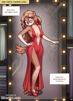 anthro biped black_nose breasts cleavage clothed clothing clothing_store dress eyebrows eyewear female fingers fitting_room footwear glasses hair high_heels inner_boob long_hair navel no_bra no_underwear red_clothing red_dress shoes solo stiletto_heels store tail text alcorart conditional_dnp phoebe_(alcorart) bird_dog canid canine canis domestic_dog hunting_dog mammal spaniel 2025 artist_name comic digital_media_(artwork) english_text full-length_portrait hi_res portrait url