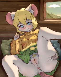 alternate_species anthro anus blonde_hair blush bodily_fluids body_blush bottomless bottomwear breasts butt clothed clothing cloud female female_anthro forest fur furniture furrification genital_fluids genitals hair humanoid_genitalia humanoid_vulva looking_at_viewer lying orange_clothing orange_sweater orange_topwear pillow plant pubes skirt sky small_breasts smile sofa solo sweater tail topwear tree vaginal_fluids vulva vulva_blush white_body white_fur window kykyro capcom resident_evil ashley_graham moushley house_mouse mammal mouse murid murine rodent absurd_res digital_media_(artwork) hi_res