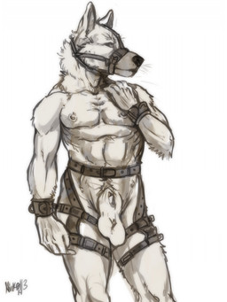 abs animal_genitalia anthro balls biped front_view fully_sheathed fur genitals grey_body grey_fur harness looking_away male muscular muscular_anthro muscular_male muzzle_(object) muzzled nipples nude pecs pose sheath simple_background solo standing white_background chumbasket canid canine canis domestic_dog german_shepherd herding_dog mammal pastoral_dog 3:4 digital_media_(artwork) hi_res