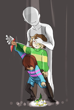 ambiguous_gender blue_clothing blue_sweater blue_topwear bottomwear brown_hair clothed clothing fully_clothed green_clothing green_sweater green_topwear group hair hair_over_eyes knife looking_at_viewer male not_furry pants pattern_clothing pattern_sweater pattern_topwear plant red_eyes smile striped_clothing striped_sweater striped_topwear stripes sweater topwear violence waterjerk undertale undertale_(series) chara_(undertale) flowey_the_flower frisk_(undertale) elemental_creature flora_fauna human mammal digital_media_(artwork) hi_res source_request