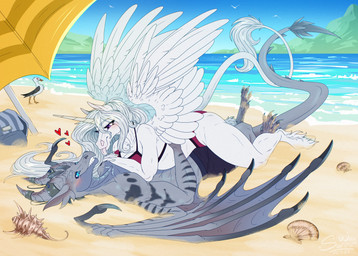 anthro beach bikini claws clothing duo_focus feathers female feral group horn love male sand sea seashell shell smile swimwear trio two-piece_swimsuit water wings sunny_way blizzard_entertainment european_mythology mythology warcraft avian bird dracthyr dragon equid equine horse mammal mythological_creature mythological_scalie scalie western_dragon hi_res