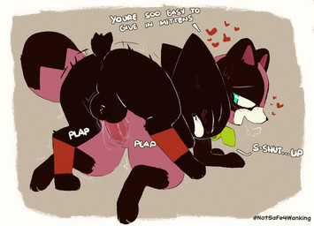 all_fours anthro balls black_body black_fur blush bodily_fluids butt clothed clothing doggystyle duo erection female female_penetrated from_behind_position fur genital_fluids genitals male male/female male_penetrating nude penetration penile penis scarf sex shortstack shortstack_male simple_background smile sound_effects text top_hole vaginal vaginal_penetration vulva notsafeforwanking cartoon_network mao_mao:_heroes_of_pure_heart sheriff_mao_mao_mao tanya_keys canid canine domestic_cat felid feline felis mammal raccoon_dog tanuki digital_media_(artwork) hi_res