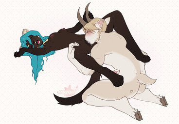 anthro blonde_hair blue_hair bodily_fluids brown_eyes cunnilingus duo female genital_fluids genitals hair long_tail male male/female oral penis sex short_tail tail vaginal vaginal_fluids vulva wet erival rada_(erival) bovid caprine goat gulonine mammal marten mustelid musteline pine_marten absurd_res hi_res