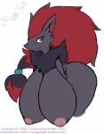 anthro big_breasts big_butt breasts butt female fur hair huge_breasts huge_butt looking_at_viewer nipples nude pointy_nipples simple_background smile solo thick_thighs white_background amphlow third-party_edit nintendo pokemon tumblr canid canine generation_5_pokemon mammal pokemon_(species) zoroark 2017