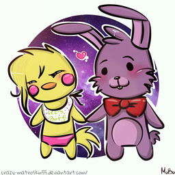 alternate_species anthro beak bib black_eyes blonde_hair blush bow_tie buckteeth chibi duo eyes_closed feathers female fur furrification hair hand_holding heart_symbol male pink_cheeks purple_body purple_fur small_tail smile standing tail tail_feathers teeth yellow_body yellow_feathers yellow_fur crazy-matroskin55 five_nights_at_freddy's five_nights_at_freddy's_2 scottgames bonnie_(fnaf) toy_chica_(fnaf) avian bird chicken galliform lagomorph leporid mammal phasianid rabbit 1:1 2015