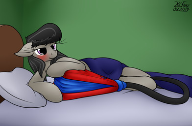 bed bedding bellow blanket blush eyelashes female feral furniture hose imminent_inflation pillow smile solo the-furry-railfan friendship_is_magic hasbro my_little_pony octavia_(mlp) equid equine horse mammal pony 2024 hi_res signature