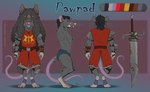 animal_hood anthro armor clothing crooked_teeth digitigrade facial_scar male melee_weapon red_eyes rust scar snaggle_tooth solo sword tabard weapon alexjohnsonart pawpad_(jackhazardous) mammal murid murine rat rodent absurd_res hi_res model_sheet