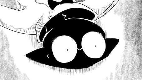 ambiguous_gender anthro bodily_fluids bow_tie clothing coat eyewear glasses horror_(expression) lab_coat scared solo sweat text topwear upside_down dragonweirdo gytras_(dragonweirdo) domestic_cat felid feline felis mammal 16:9 english_text hi_res monochrome widescreen