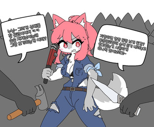 ambiguous_gender anthro arm_bow belt blue_jumpsuit bodily_fluids chest_tuft clothing crowd facial_markings female grey_body group hair hammer head_markings holding_hammer holding_object holding_shiv holding_tool holding_wrench imminent_rape imminent_sex jumpsuit markings mechanic multicolored_body nervous pink_eyes pink_hair pockets ponytail shiv surrounded sweat sweatdrop tail text tools torn_clothing tuft two_tone_body unzipped_jumpsuit white_body wrench potatobud3 fenrika_(lisitsa12) canid canine canis mammal wolf korean_text translated