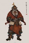 anthro armor asian_clothing axe barefoot chinese_clothing clothed clothing east_asian_clothing fantasy feet fully_clothed headgear helmet jewelry lamellar_armor looking_at_viewer male melee_weapon necklace orange_eyes robe solo text warrior weapon muyang_fort twenty-eight_mansions domestic_pig mammal suid suina sus_(pig) 2021 chinese_text hi_res