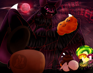 acorn antennae_(anatomy) anthro black_sclera brown_body brown_fur candy_bag duo food fruit fungus fur glowing glowing_fungus glowing_mushroom holidays looming male membrane_(anatomy) membranous_wings micro moon mushroom nut_(fruit) overweight overweight_anthro overweight_male plant red_moon screeching shaking simple_background size_difference smile trembling wings yellow_body fujiyama_samoyed halloween bumble_beans_(fujiyamasamoyed) arthropod bat bee bumble_bee_(species) canid canine hybrid hymenopteran insect leaf-nosed_bat mammal microbat raccoon_dog tanuki vampire_bat yangochiropteran hi_res shaded watermark