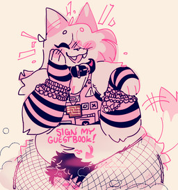 alternative_fashion anthro arm_tuft armwear biped bracelet breasts circuit cleavage clothed clothing collar cute_fangs dipstick_tail elbow_tuft eyes_closed fangs female fishnet_clothing fishnet_legwear horn jewelry kiss_mark_on_belly kiss_mark_on_thigh legwear markings overweight overweight_anthro overweight_female pubes scene_(fashion) solo tail tail_markings tail_motion tailwag teeth text text_on_body topwear tuft pinkshinyhorns factorio wube_software nier_(pinkshinyhorns) bovid canid canine canis caprine domestic_dog goat hybrid mammal monochrome signature trans_(lore) trans_woman_(lore)