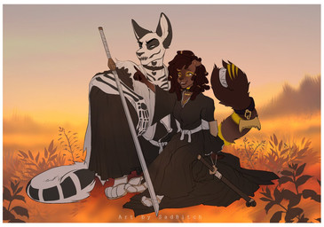anthro asian_clothing blue_eyes clothing collar cosplay dark_hair dreadlocks duo east_asian_clothing female fur japanese_clothing katana kimono male male/female markings melee_weapon on_lap sitting_on_lap size_difference skeleton_(marking) sword tail weapon white_body white_fur yellow_eyes conditional_dnp sadbitch bleach_(series) domestic_cat felid feline felis mammal