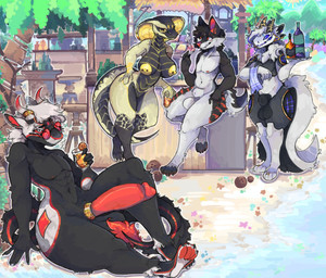 4_toes 5_fingers accessory alcohol animal_genitalia anthro balls beach beach_bar beverage big_balls big_breasts big_penis black_balls black_body black_fur black_sclera black_sheath blue_eyes blue_sclera breasts casual_nudity cigarette clothing cock_ring digit_ring erection eyewear feet female fingers fully_sheathed fur genitals glans group hair horn humanoid_genitalia humanoid_penis jewelry lounging machine male multicolored_body nipple_piercing nipples non-mammal_breasts nude nude_anthro nude_female nude_male outside pecs penis penis_accessory penis_jewelry piercing red_eyes red_glans red_penis red_sclera ring sand scales seaside sheath sitting smoking snake_hood sunglasses swimming_trunks swimwear tail thick_thighs toe_ring toes two-piece_swimsuit vulva waiter water white_balls white_eyes white_hair white_sheath yellow_eyes yellow_nipples snowfoxy66 mythology canid canine canis cobra dragon eastern_dragon mammal mythological_creature mythological_scalie protogen reptile scalie snake wolf digital_media_(artwork) hi_res