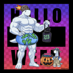 ambiguous_gender anthro bag candy checkered checkered_background clothing costume dessert food fruit globe group hat headgear headwear holidays jack-o'-lantern male meteor muscular muscular_male pattern_background plant pumpkin simple_background text trio dynogreeno ni_draw halloween dyno_(dynogreeno) largo_(dynogreeno) nil_(ni_draw) dinosaur domestic_cat felid feline felis mammal prehistoric_species reptile scalie hi_res