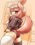 anthro bangs biped black_nose breasts brown_eyebrows brown_hair brown_tail butt butt_pose closed_smile clothed clothed_anthro clothed_female clothing eyebrow_through_hair eyebrows eyelashes female female_anthro fingers fluffy fluffy_tail fur grey_clothing grey_hoodie grey_legwear grey_thigh_highs grey_topwear hair hair_between_eyes hoodie inner_ear_fluff legwear long_hair long_tail looking_at_viewer looking_back looking_back_at_viewer mouth_closed no_pupils panties pantsless pantsless_anthro pantsless_female pink_inner_ear pose presenting presenting_hindquarters raised_tail red_clothing red_eyes red_panties red_underwear shirt simple_background smile smiling_at_viewer solo tail tan_inner_ear_fluff tan_tuft thigh_highs topwear translucent translucent_hair tuft underwear white_clothing white_legwear white_sclera white_shirt white_thigh_highs white_topwear yellow_body yellow_fur blasticussaturn biscuit_(blasticussaturn) canid canine mammal 2022 absurd_res hi_res pinup portrait signature three-quarter_portrait