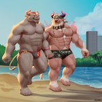 anthro barefoot beach beard braided_beard brown_body brown_fur clothing duo eyewear facial_hair feet fur goggles goggles_around_neck hair hand_holding male male/male muscular muscular_anthro muscular_male possession pubes red_hair seaside swimming_goggles swimming_trunks swimwear walking white_hair sooxand lifewonders tokyo_afterschool_summoners gyumao_(tas) lumus_king shennong_(tas) bovid bovine cattle mammal 1:1 absurd_res hi_res