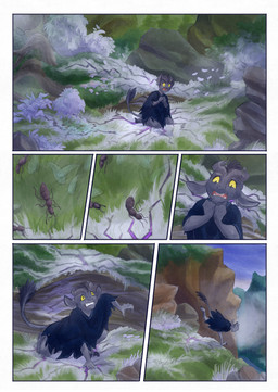 ambiguous_gender anthro biped black_body black_fur black_tail clothing day fangs feral fur green_eyes horn magic open_mouth outside rock running scared shirt sky solo tail teeth topwear yellow_sclera bjekkergauken imbali_(bjekkergauken) arthropod insect unknown_species 2025 colored comic hi_res