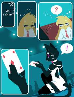 anthro black_body black_fur bow_tie card cheek_tuft clothing collared_shirt comic_panel dress dress_shirt duo exclamation_point eyelashes facial_tuft female female/female five_of_diamonds fur looking_back necktie playing_card red_eyes shirt tail tired_eyes topwear tuft waking_up yellow_body yellow_fur hydrabb domestic_cat felid feline felis lagomorph leporid mammal rabbit comic hi_res