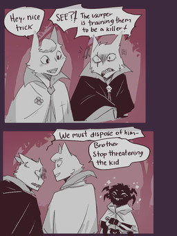 ambiguous_anthro ambiguous_gender anthro clothed clothed_anthro clothing dialogue eye_scar facial_scar fangs group open_mouth open_smile scar smile speech_bubble teeth text trio aveloka cult_of_the_lamb don't_starve klei_entertainment massive_monster_(studio) aym_(cult_of_the_lamb) baal_(cult_of_the_lamb) webber arachnid arthropod domestic_cat felid feline felis mammal spider 2025 3:4 comic digital_drawing_(artwork) digital_media_(artwork) english_text