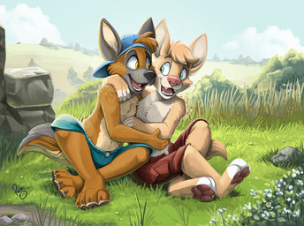 anthro black_nose blue_bottomwear blue_clothing blue_eyes blue_shorts blue_sky bottomwear brown_body brown_fur clothed clothing cloud day duo fangs front_view fur grass happy hug logo male open_mouth open_smile orange_eyes outside pink_nose plant red_bottomwear red_clothing red_shorts red_tongue shorts sitting sky smile tan_body tan_fur teeth tongue white_body white_fur young young_anthro young_male pandapaco canid canine mammal artist_logo signature