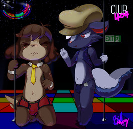 3_toes 4_fingers anthro anthrofied black_body black_fur blush briefs brown_body brown_fur bulge clothing dancing duo embarrassed eyes_closed feet fingers flat_cap front_view fur hair hat headgear headwear holding_fixture kneeling male money navel necktie pole pole_dancing red_eyes standing thong toes underwear white_body white_fur billmurray animal_crossing nintendo digby_(animal_crossing) kicks_(animal_crossing) canid canine canis domestic_dog mammal mephitid shih_tzu skunk toy_dog hi_res signature