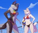 anthro ball beach bikini breasts clothed clothing cloud duo female fur hair hair_over_eye holding_ball holding_object looking_at_viewer low-angle_view multicolored_body multicolored_fur net one_eye_obstructed outside seaside skimpy sky smile sport swimwear two-piece_swimsuit two_tone_body two_tone_fur volleyball volleyball_(ball) volleyball_net whiskers white_body white_fur ocho winter_night canid canine canis domestic_cat domestic_dog felid feline felis mammal