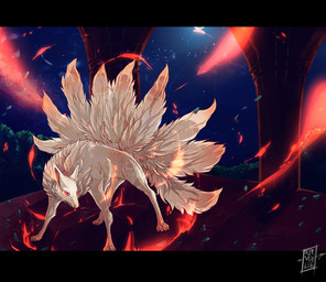 9_tails ambiguous_gender black_bars feral fur multi_tail paws quadruped red_eyes solo standing tail white_body white_fur ravoilie nintendo pokemon canid canine generation_1_pokemon mammal ninetales pokemon_(species) 2015 digital_media_(artwork) hi_res