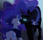 alternate_hairstyle blue_eyes butt clothed clothing cutie_mark duo eye_contact featureless_crotch female feral frown glowing glowing_eyes hair horn looking_at_another pupils raised_tail rear_view slit_pupils smile tail kianamai friendship_is_magic hasbro my_little_pony mythology nightmare_moon_(mlp) rarity_(mlp) equid equine mammal mythological_creature mythological_equine unicorn 2016