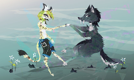 ambiguous_gender anthro bottomwear clothed clothing dancing detailed_background duo fur green_hair grey_body grey_fur hair shorts smile white_body white_fur yellow_body yellow_fur naircat canid canine canis felid jaguar mammal pantherine wolf 2016 digital_drawing_(artwork) digital_media_(artwork) hi_res