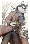 anthro black_body black_fur blue_eyes book building clothed clothing coat eyewear fully_clothed fur glasses looking_at_viewer male markings outside plant scar scarf smile solo standing text topwear tree white_body white_fur winter_clothing kinoshita-jiroh lifewonders tokyo_afterschool_summoners masanori_(tas) canid canine canis domestic_dog mammal spirit 2024 digital_drawing_(artwork) digital_media_(artwork) hi_res japanese_text