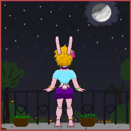 anthro barefoot blonde_hair clothing colored_nails feet female fireworks fur hair moon nails pink_body pink_fur plant rear_view solo space star wind milkybun29 new_year_2026 milky_rivas lagomorph leporid mammal rabbit 1:1 animated digital_media_(artwork) hi_res pixel_(artwork)