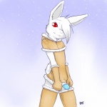 anthro biped blue_penis bottomwear clothed clothing crossdressing ear_piercing erection femboy fur genitals gloves handwear legwear looking_at_viewer male outside penis penis_poking_out piercing red_eyes skirt snow snowing solo standing stockings thigh_highs white_body white_fur winter young young_anthro young_male kuni lagomorph leporid mammal rabbit 1:1 hi_res