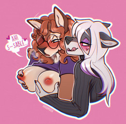 5_fingers alternate_species anthro bent_arm big_breasts black_claws black_clothing black_eyes black_nose black_sweater black_topwear breast_play breast_squish breasts brown_body brown_fur claws clothed clothed_anthro clothed_female clothing dialogue duo eyelashes eyeshadow eyewear female female/female female_anthro finger_claws fingers fur furrification glasses grey_body grey_fur hair heart_eyes heart_symbol hearts_around_text highlights_(coloring) holding_breast licking licking_lips licking_own_lips light lips long_hair makeup motion_lines multicolored_hair name_drop name_in_dialogue nipple_fetish nipple_play orange_hair outline pink_background pink_tongue purple_clothing purple_eyeshadow purple_highlights purple_lips purple_shirt purple_topwear raised_clothing raised_shirt raised_topwear shirt simple_background speech_bubble squish sweater tan_breasts text tongue tongue_out topwear two_tone_hair wavy_hair white_hair white_inner_ear white_outline vseemxxx dead_by_daylight mikaela_reid sable_ward canid canine deer mammal 2025 artist_name colored digital_drawing_(artwork) digital_media_(artwork) english_description english_text hi_res lighting shaded