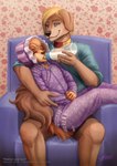 5_fingers adolescent ageplay anthro armchair baby_bottle blonde_hair blue_eyes bonding bonnet brown_nose chair clothing collar drinking duo eyes_closed feeding female femboy fingers floppy_ears fluffy fluffy_tail fur furniture hair headgear headwear humanoid_hands infantilism inside male milk pajamas pattern_clothing purple_clothing roleplay shirt short_hair sitting smile tail tan_body tan_fur text topwear young sannamy canid canine canis domestic_dog mammal 2019 hi_res signature url mother_(lore) mother_and_child_(lore) mother_and_son_(lore) parent_(lore) parent_and_child_(lore) parent_and_son_(lore) son_(lore)