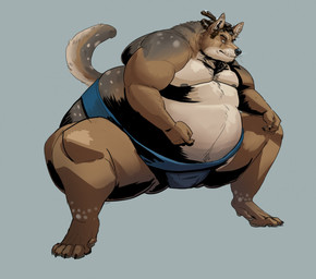 anthro asian_clothing belly big_belly brown_body brown_fur clothing east_asian_clothing fur japanese_clothing male mawashi musclegut muscular solo sumo sumo_wrestler tan_body tan_fur dekuinthelake canid canine canis coyote mammal